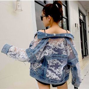EBOSSY Women's Floral Embroidery Lace Crop Denim Jacket - distressed